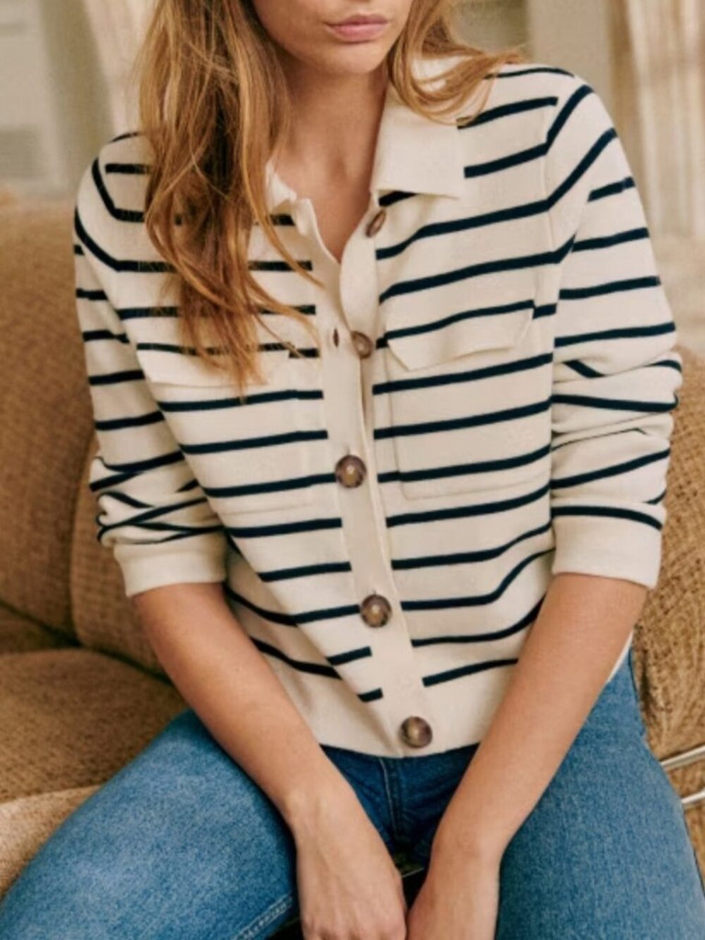 EUC Sezane Betty Merino Wool Striped Collared Cardigan Ecru Navy S - Picture 2 of 9